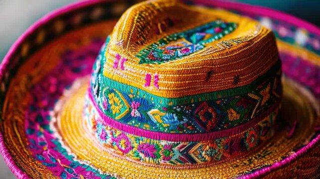 A vibrant and eye-catching hat sitting on a flat surface, perfect for decorative or still life photography