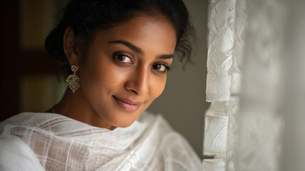 Pretty Indian Looking Woman with White Dress without makeup , Smile South Asian Woman