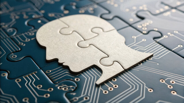 Human intelligence and technology merge as puzzle head on circuit board. challenging economic future faces risk because ai integration presents complex problem