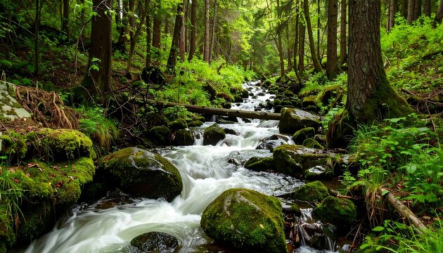 Lush forest stream flowing over rocks - Powered by Adobe