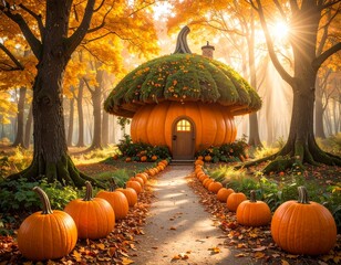 A magical giant pumpkin house in the middle of fairytale forest during Autumn with path leading to the house filled  with pumpkins