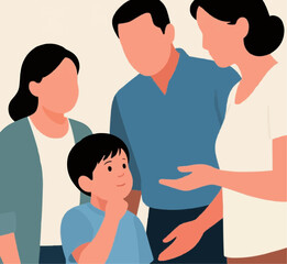 Fototapeta premium A boy is surrounded by three adults, who are presumably his family. He is the central focus, looking up thoughtfully with his hand on his chin. The adults are all looking down at him. 