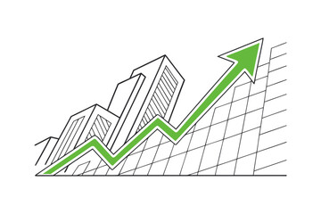 Green arrow graph showing upward trend with buildings