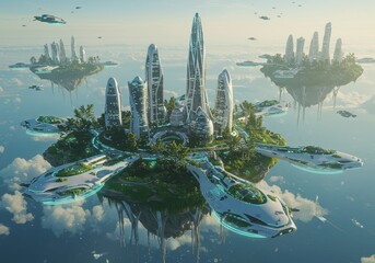 A breathtaking aerial view of a futuristic city, nestled on floating islands, surrounded by clouds and futuristic transportation.