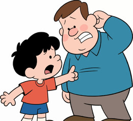 A young boy and an adult man are having a tense conversation. The boy, with black hair and a red shirt, is gesturing with an open hand, his mouth open as if he's yelling.