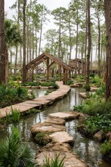 Obraz premium A serene wooden walkway meanders through a tranquil, lush garden, past tranquil water features and shaded seating areas.