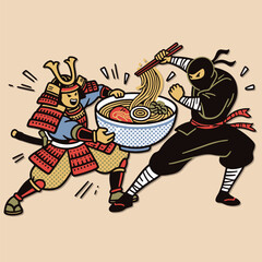 Samurai vs Ninja Fighting Over Ramen Bowl Vector Illustration