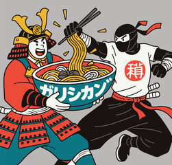 Samurai vs Ninja Fighting Over Ramen Bowl Vector Illustration