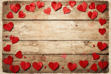 Wooden surface adorned with red heart shapes. Greeting card for romantic celebration. Aerial view with blank area for text.