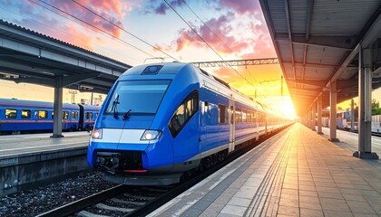 Fototapeta premium Modern blue high-speed train at sunset station—sleek design, electric lines, tactile paving, and vibrant orange-pink sky highlight contemporary rail travel and scenic motion.