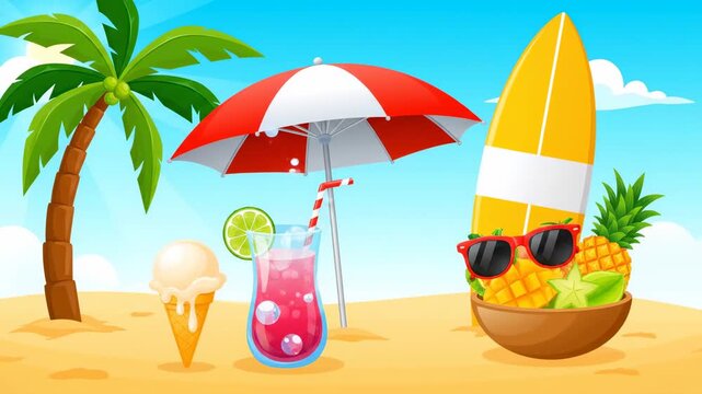 Cartoon Summer Beach Vacation Scene - A cheerful cartoon illustration depicting a summer beach scene with a palm tree, beach umbrella, surfboard, ice cream, exotic fruits in a bowl, and a refreshing