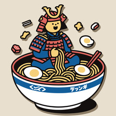 Cute Samurai Sitting Inside Ramen Bowl Vector Illustration