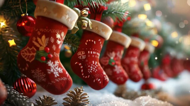 A row of festive Christmas stockings hanging on a tree