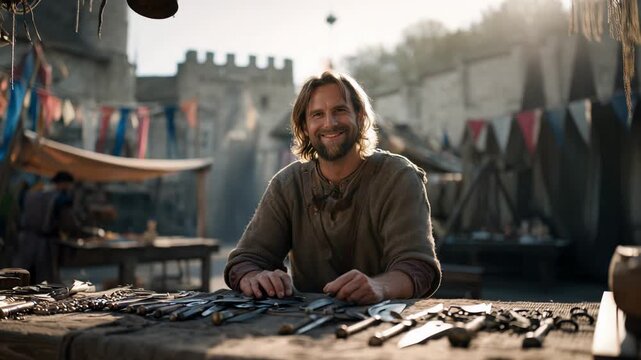 A skilled craftsman showcasing various weapons in a medieval marketplace