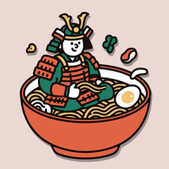 Funny Samurai Relaxing in Ramen Noodle Bowl Vector Art