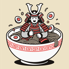 Funny Samurai Relaxing in Ramen Noodle Bowl Vector Art