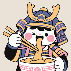 Cute Samurai Eating Ramen Noodles Kawaii Vector Illustration