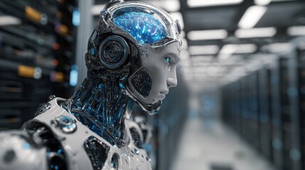 futuristic artificial intelligence robot with glowing blue brain and data streams in a digital server room