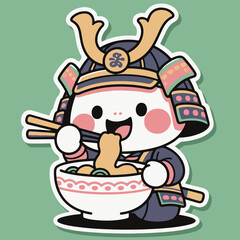 Cute Samurai Eating Ramen Noodles Kawaii Vector Illustration