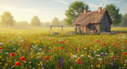 A charming rustic wooden cottage nestled amidst a vibrant field of wildflowers on a tranquil summer morning.