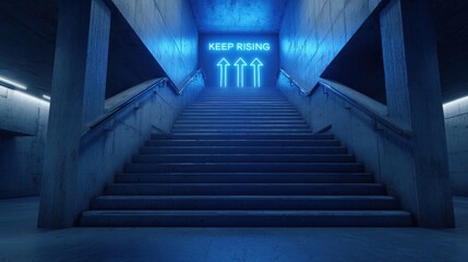 concrete staircase illuminated by neon sign reading keep rising arrows point upwards suggesting progress motivation blue tones dominate scene creating dramatic effect