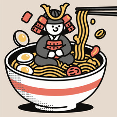 Funny Samurai Relaxing in Ramen Noodle Bowl Vector Art