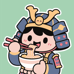 Cute Samurai Eating Ramen Noodles Kawaii Vector Illustration