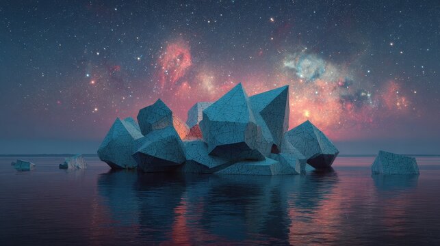geometric polyhedron rocks floating on calm water surface under starry night sky with colorful cosmic galaxy nebula surreal futuristic landscape fantasy environment concept with mysterious abstract f