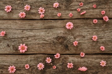 Fototapeta premium Wooden piece adorned with tiny pink blossoms