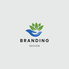 A logo featuring a hand gently holding green leaves, symbolizing care, protection, and responsibility toward nature. It represents growth, sustainability, eco-friendliness, and environmental protectio