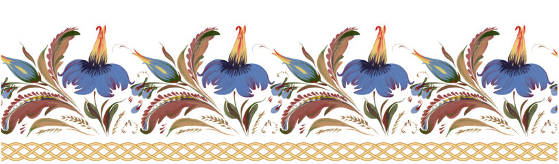 Floral vector seamless border pattern from gold braided frieze, flowers and leaves on a white background