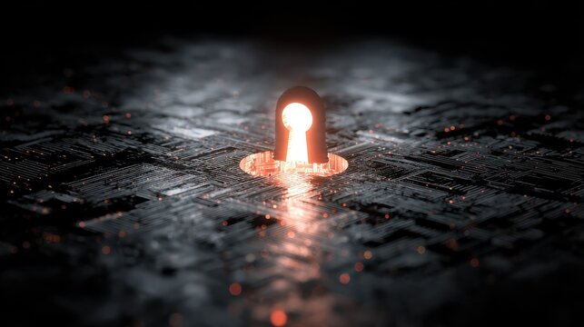 a conceptual image of a glowing digital circuit board visible through a keyhole  representing cybersecurity  data access  digital privacy  hacking  and unlocking technological secrets