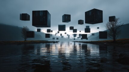 floating cubes over water landscape surreal mysterious dark nature wallpaper background image for desktop