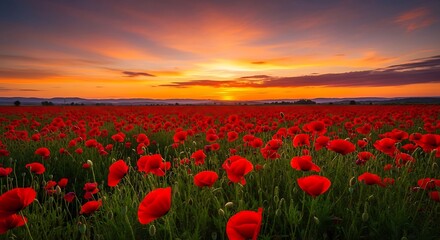 Fototapeta premium Vast field of red poppies at sunset with vibrant orange sky