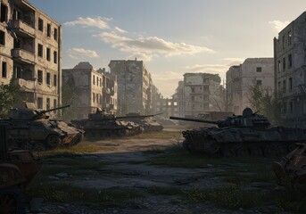 A desolate urban landscape, scarred by war, displays abandoned tanks amidst crumbling buildings.