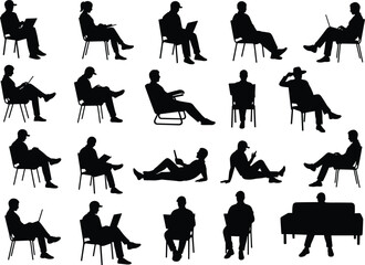 Silhouette seated people various poses, sitting on chair couch floor, using laptop tablet devices, technology posture lifestyle work relaxation