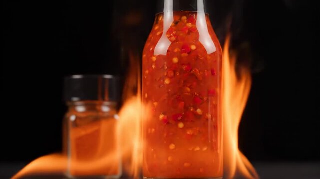 Flaming Hot Chili Sauce in Glass Bottle - A glass bottle of spicy chili sauce is shown engulfed in flames against a black background. A smaller jar of chili powder is blurred in the foreground.