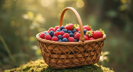 A charming wicker basket overflowing with a delightful mix of fresh berries, including raspberries, blueberries, and strawberries, sits atop a bed of moss in a sunlit woodland setting.