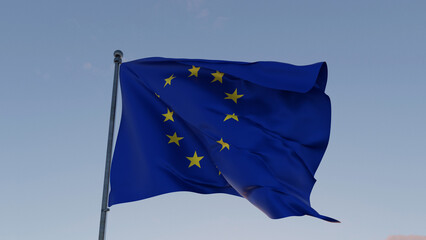 Waving European Union flag with golden stars on a blue background against the clear sky, symbolizing unity, cooperation, democracy, and solidarity among European nations.