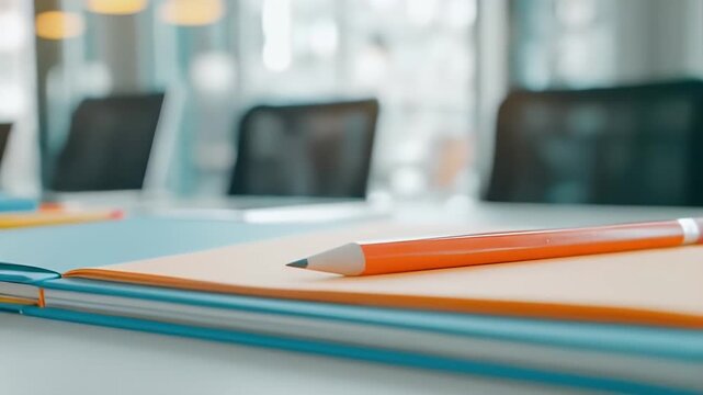 Orange Pencil Resting on Notepad with Notebooks and Blurred Background Indoors