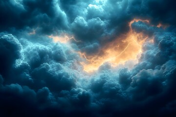 Fototapeta premium A dramatic sky filled with dark blue clouds and a burst of bright orange light shining through