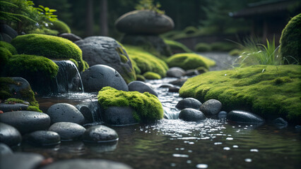 Serene japanese garden stream with smooth stones mossy rocks and gentle flowing water