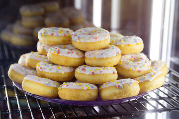 Delicious donuts in the shop window