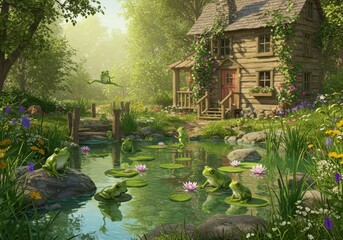 A charming woodland scene depicts a rustic cabin nestled beside a tranquil pond, filled with playful frogs amidst lush greenery and vibrant flowers.