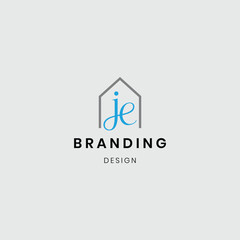 A logo combining a house and flat buildings with the initials “JE”, symbolizing real estate, property development, and modern living. Perfect for real estate agencies, housing projects, apartment comp