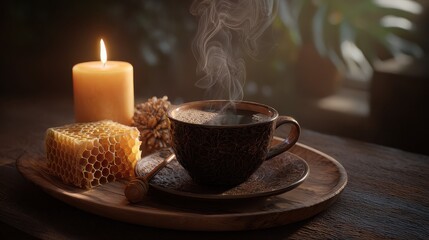 Fototapeta premium a cozy still life with steaming coffee honeycomb and candle creating a relaxing atmosphere providing a warm and inviting ambiance for a peaceful moment