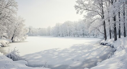 A serene winter scene showcases a frozen lake surrounded by snow-laden trees, bathed in soft sunlight.