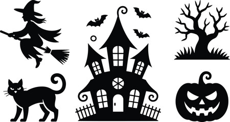 Halloween haunted house, witch flying broomstick, spooky black cat, scary pumpkin lantern, creepy tree silhouette, gothic bats design, horror festive artwork