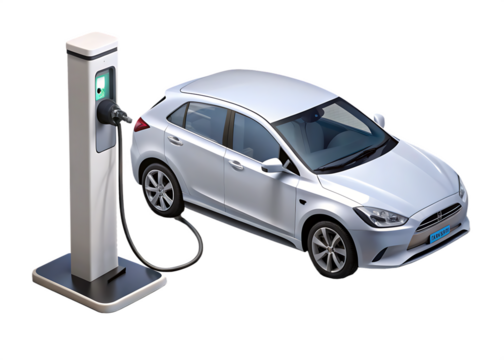3D Modern EV Charging Station with Electric Car on White & Transparent Background
