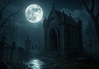 A gothic crypt, shrouded in fog, stands in a moonlit graveyard, evoking a sense of mystery and the macabre.